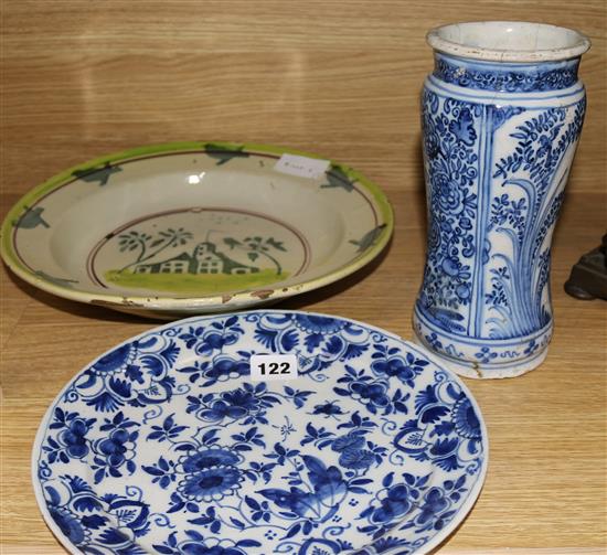 A 19th century Continental tinglaze dish, an albarello and a blue and white plate dish 32cm